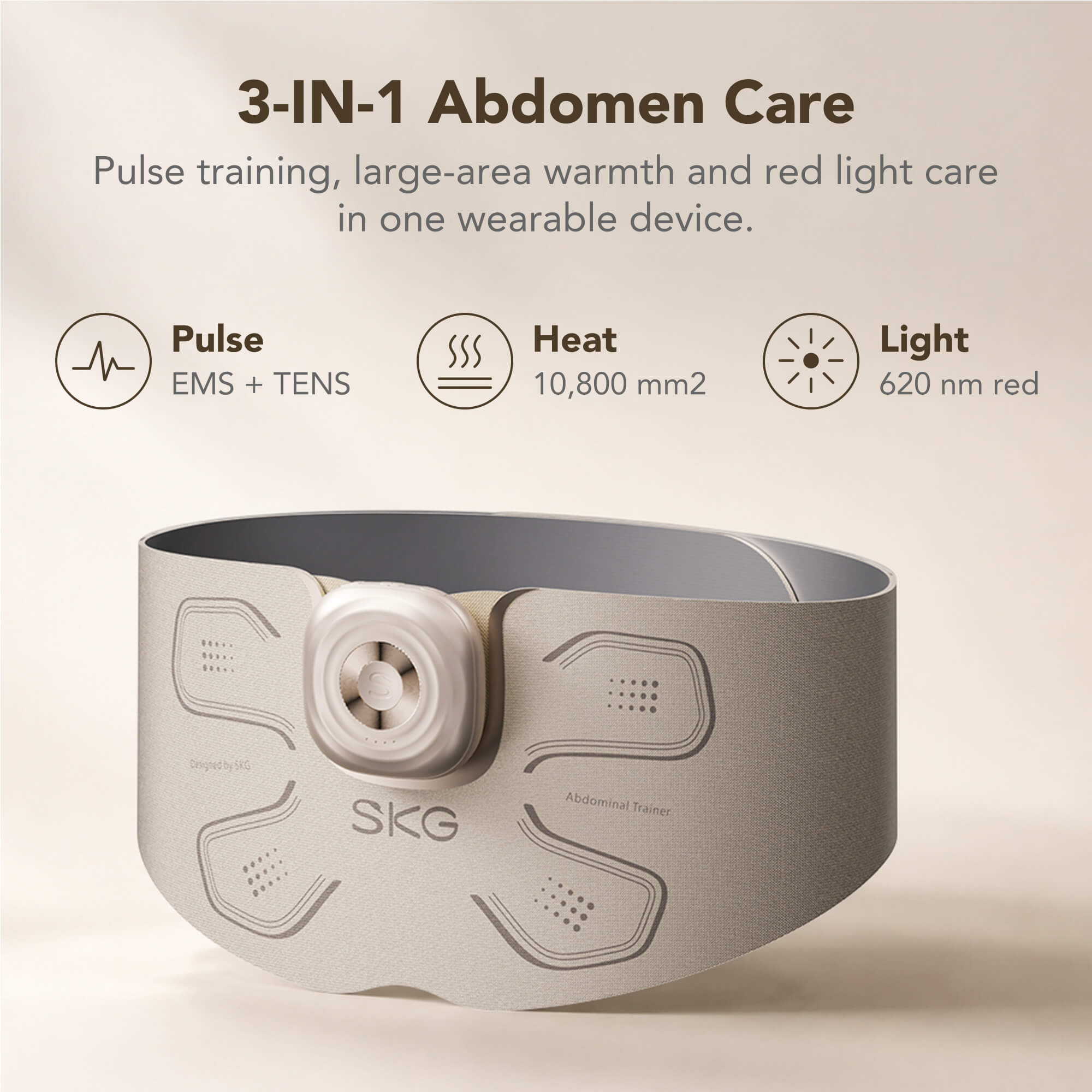 SKG QS500 3-in-1 EMS Ab Trainer with TENS & Red Light Heat Therapy — 5 Workout Modes, 9 Intensity Levels, 3100mAh Rechargeable Belt for Core Toning & Muscle Relief